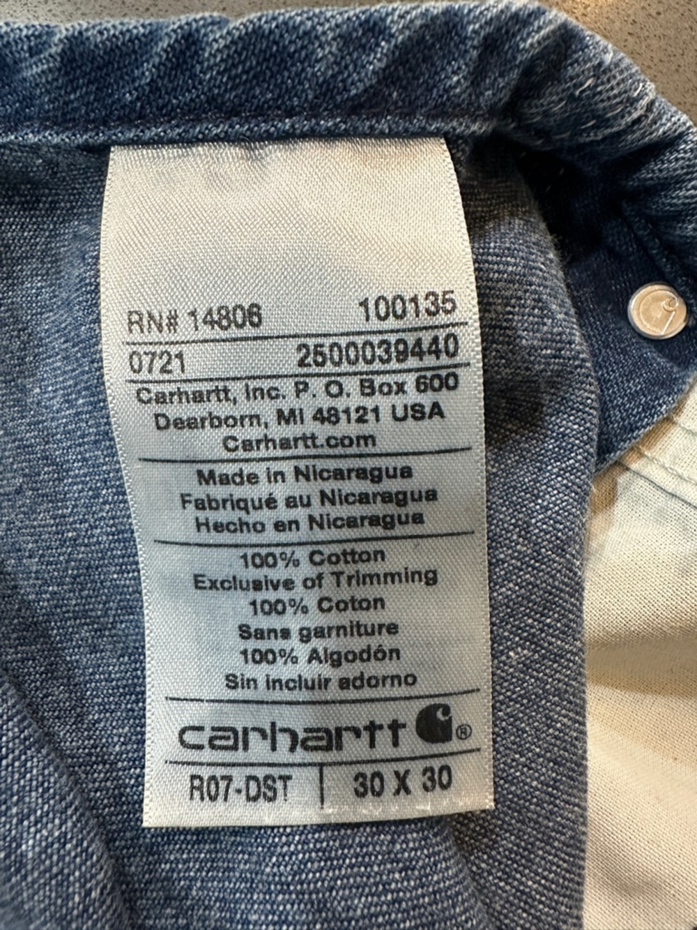 Carhartt Bib Overalls Mens 30x30 Darkstone Cotton Blue R07 DST Denim Workwear - Picture 7 of 7